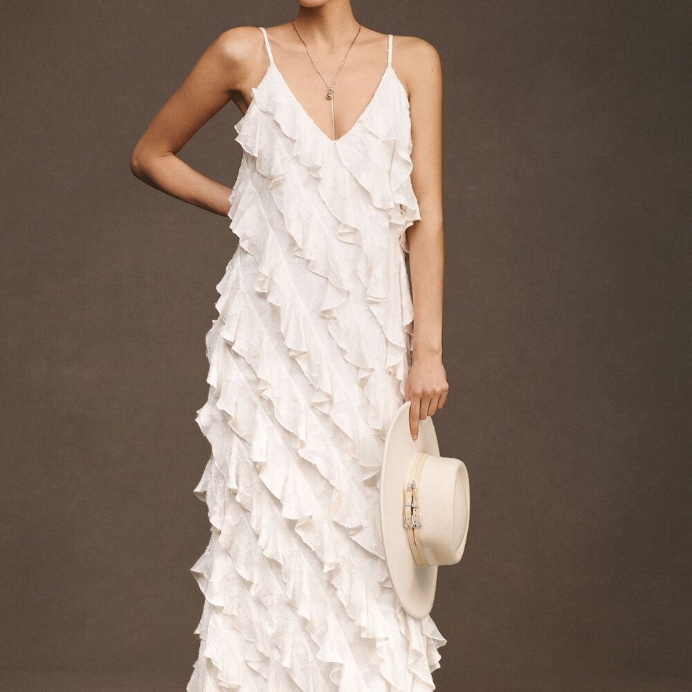 Exquisite BHLDN Jia Bias-Cut Ruffled V-Neck Gown